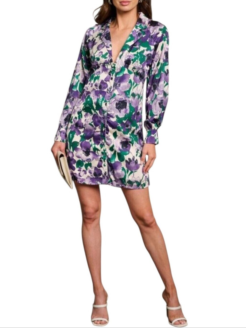Women's Floral Shirt‎ Dress Multi Print Purple Green Mini